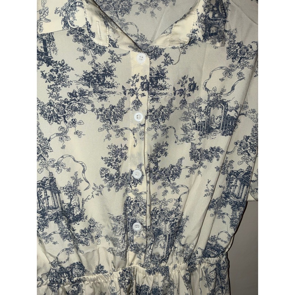 Romantic Shirt Dress Womens 6 M Blue White Toile Print Button Mini‎ Waist Tie - Picture 6 of 10